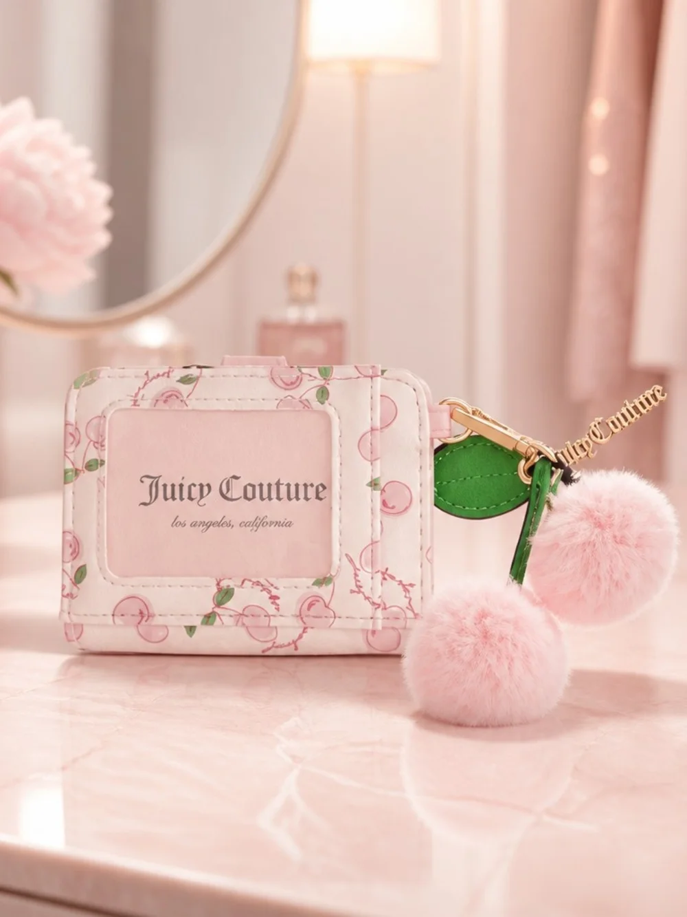 Juicy Couture Pink Cherry Print Card Holder with Pom-Pom Charm
